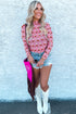 Pink Cowgirl Boots Printed Mock Neck Long Sleeve Mesh Top